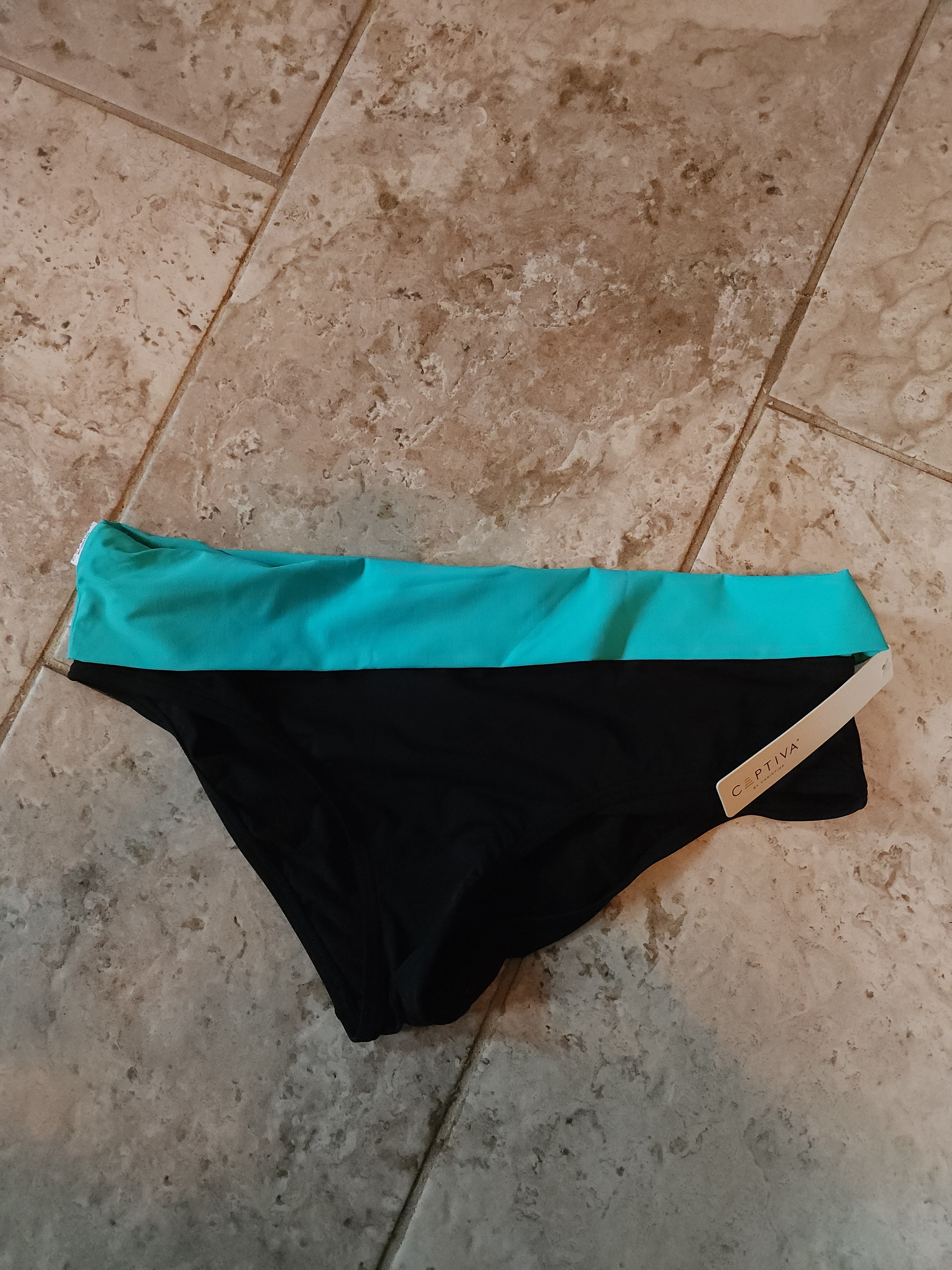 Black Bikini Bottom With Teal Fold-Over Waistband